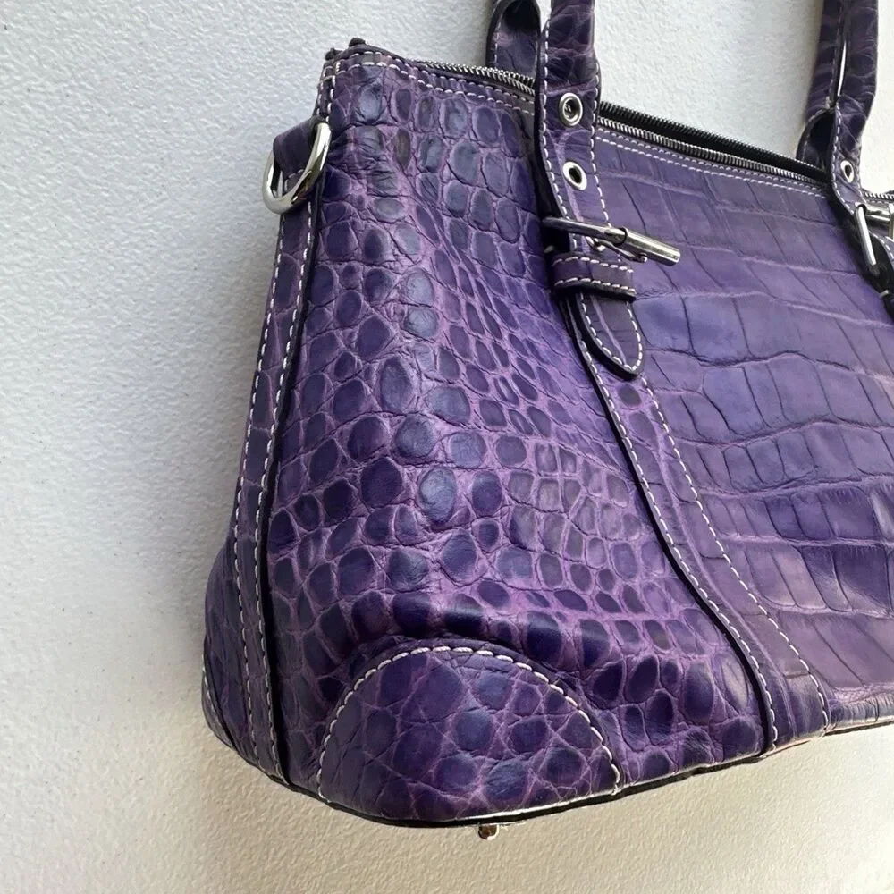 Dooney & Bourke Purple Nile Crocodile Embossed Domed Satchel Leather Bag Y2k